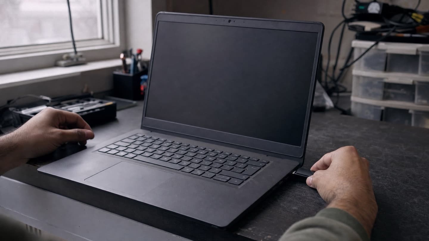 A hand booting a laptop from a USB drive on a bench to scan it from outside the installed system.