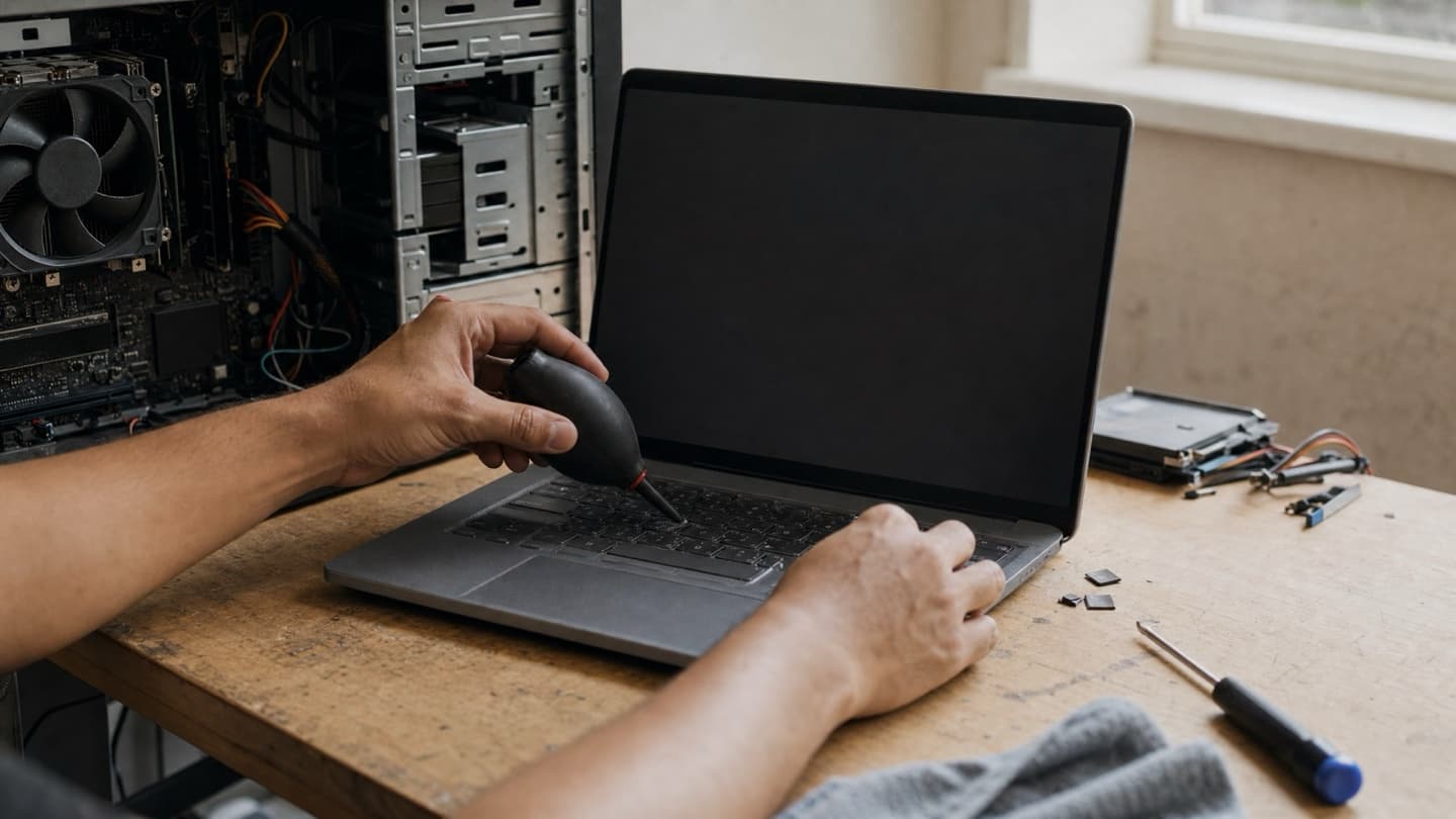 A desktop tower opened on a bench with a laptop running a scan beside it, being worked on by hand.
