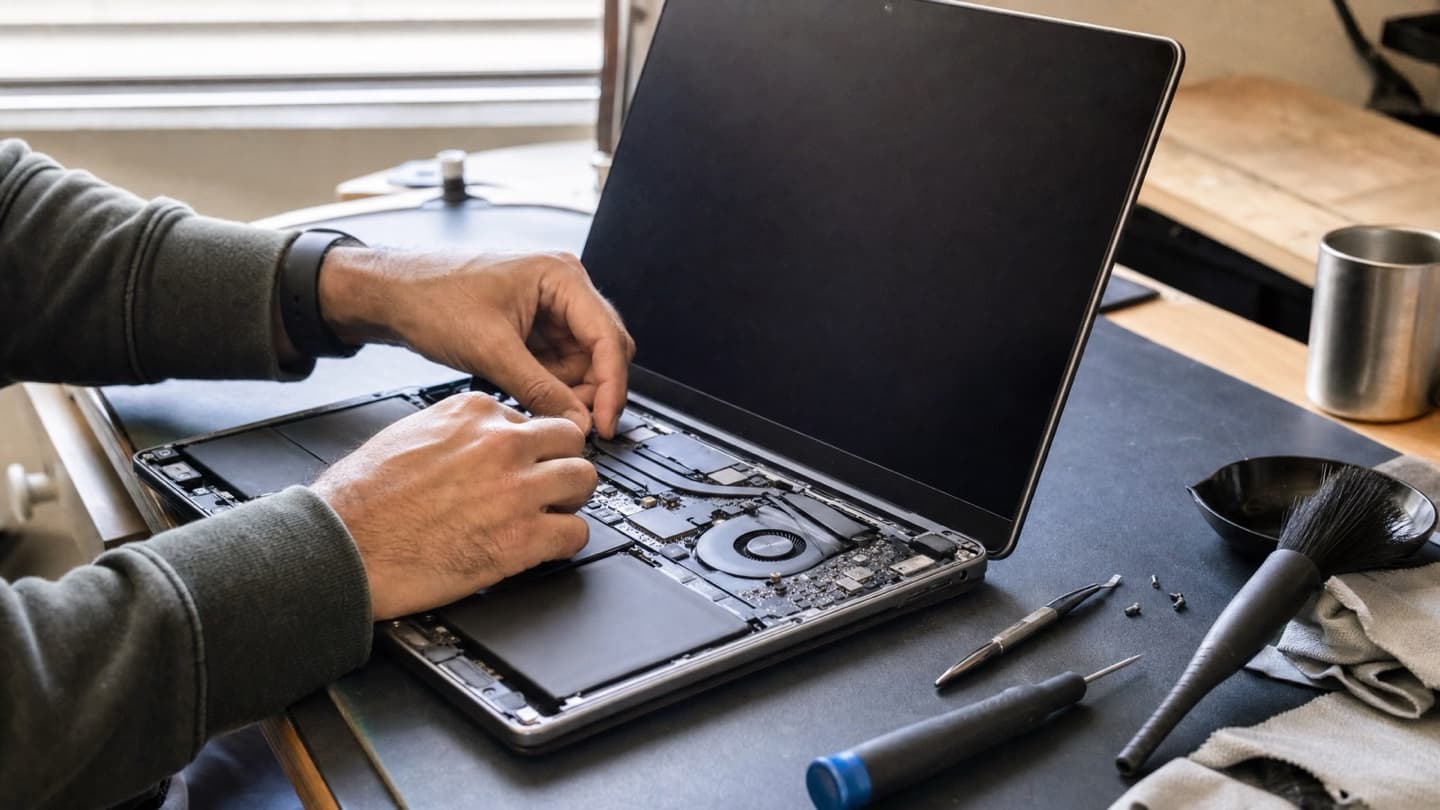 A computer opened on a bench beside a screwdriver and cleaning tools during a diagnosis.