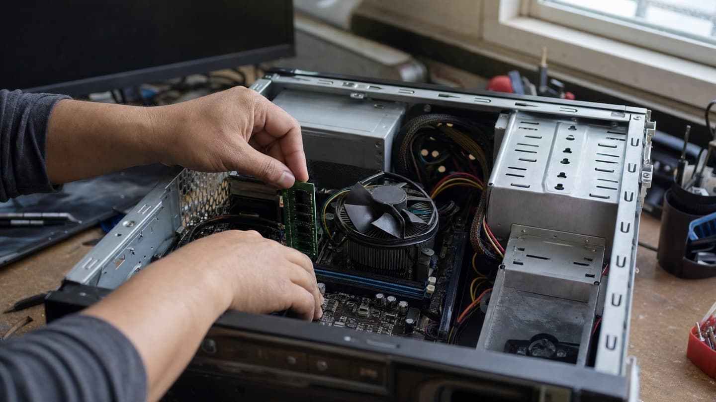 A desktop computer opened on a bench, its RAM and internals being checked by hand.
