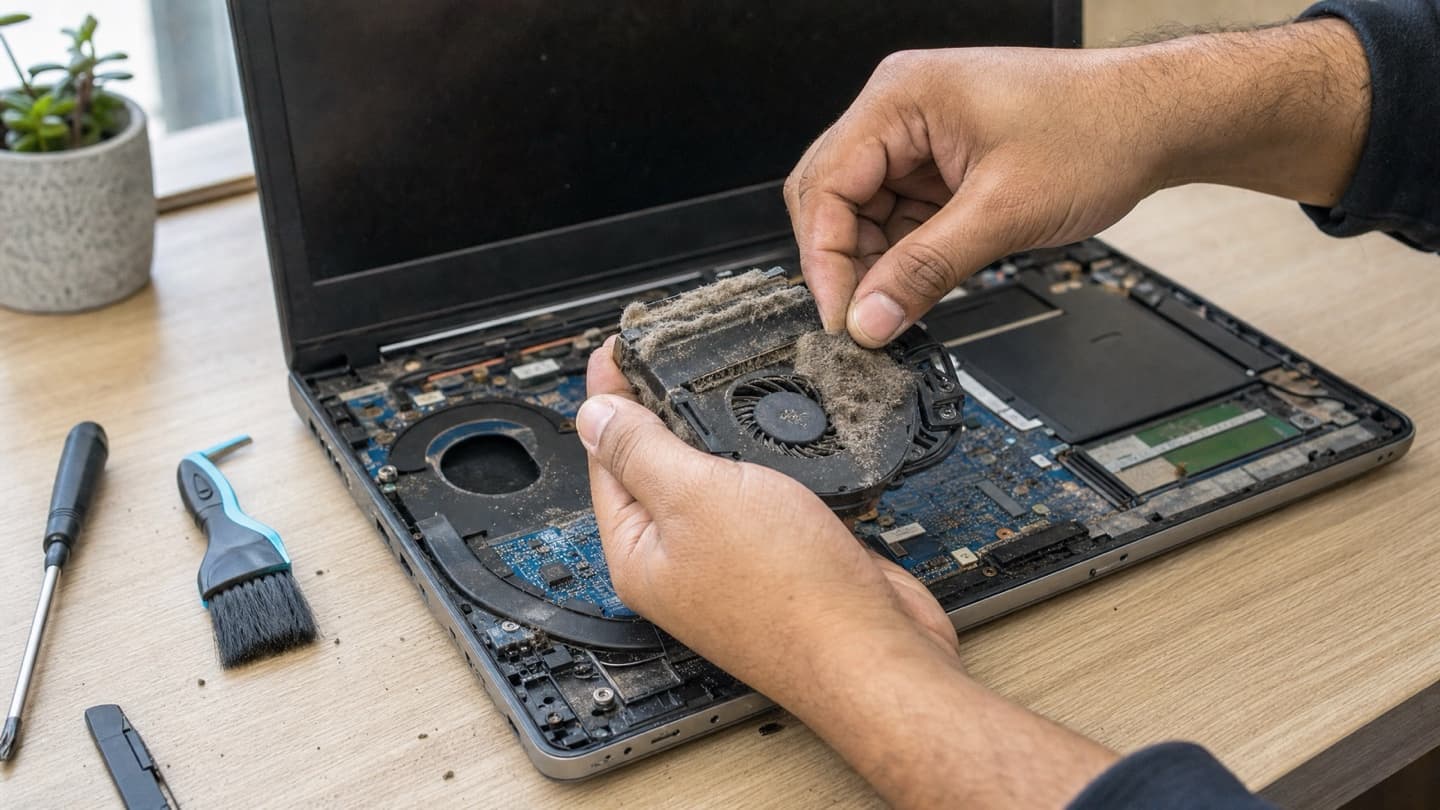 An open computer on a bench with tools nearby, dust being cleared from a clogged fan and heatsink.