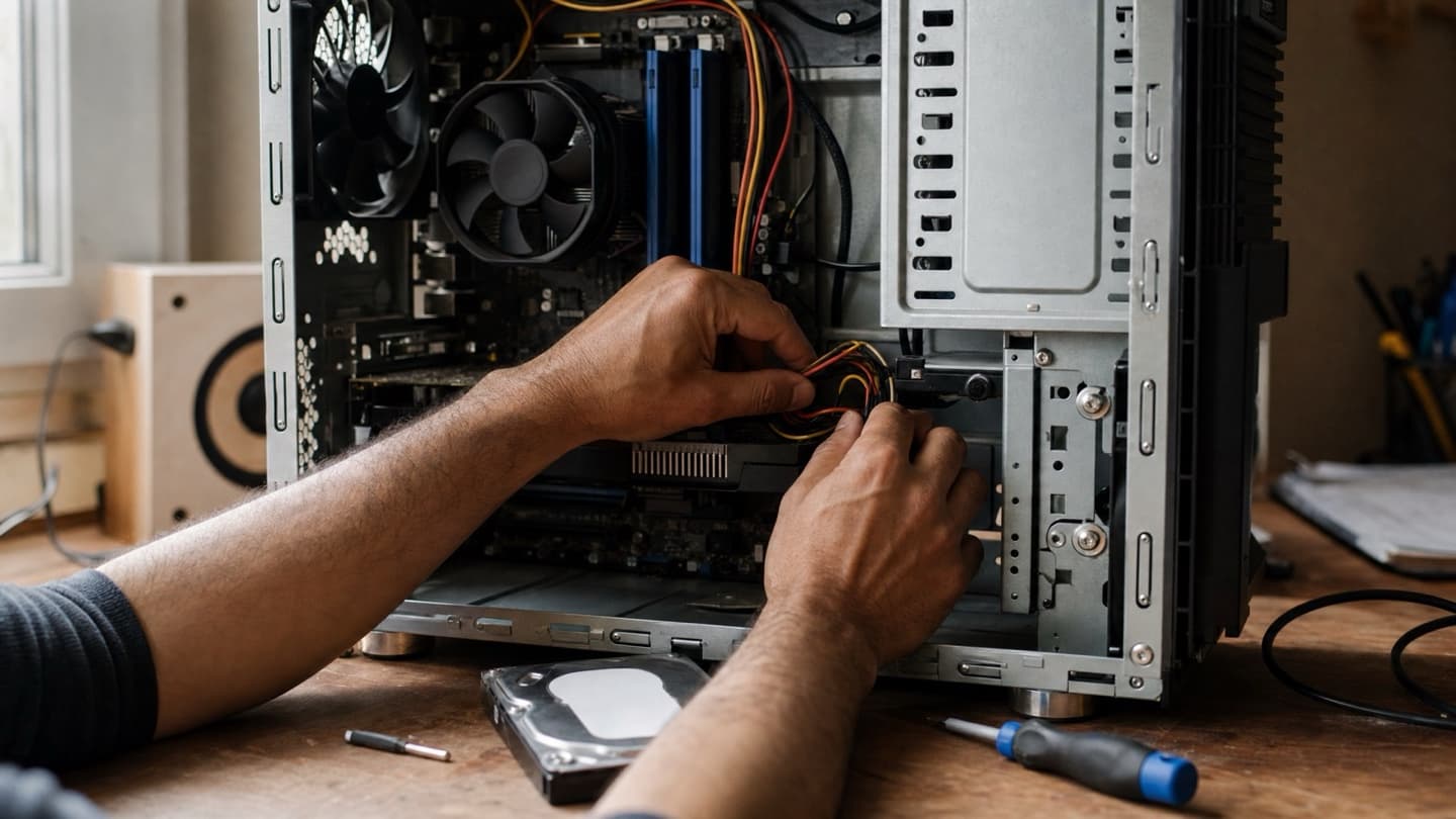 A desktop PC opened on a workbench with tools and a drive nearby, mid-diagnosis by hand.