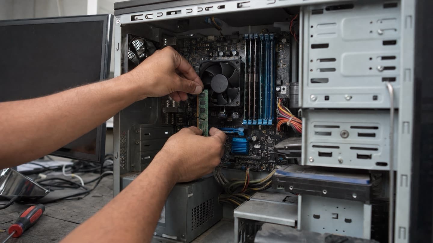 A desktop PC opened on a bench, its RAM and storage being checked by hand to see if it can run Windows 11.