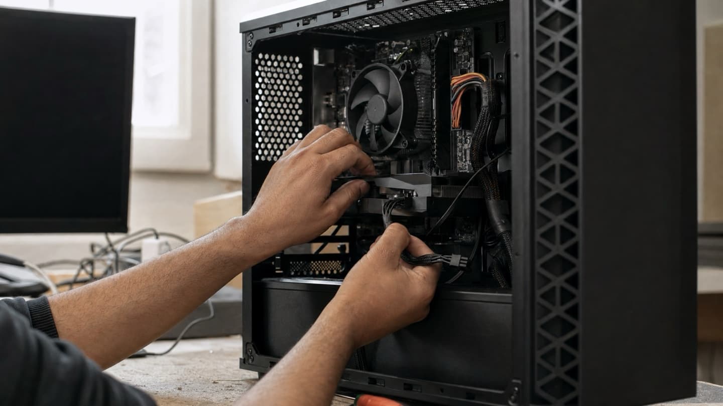 Hands checking a desktop PC's internals on a bench during a Windows 11 compatibility fix.