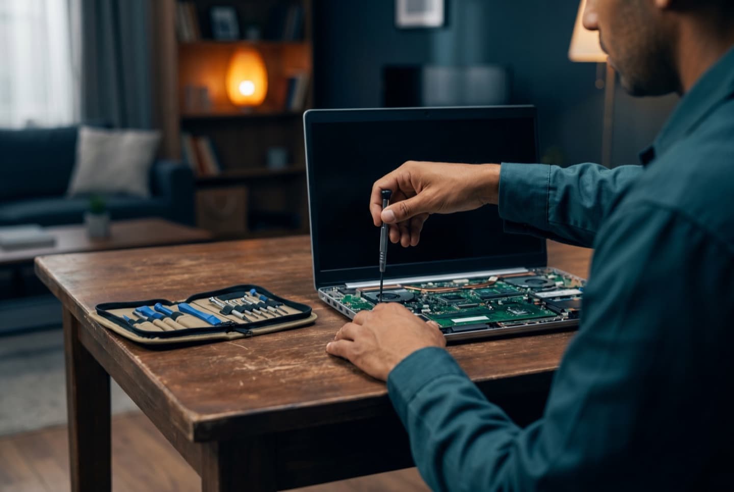 Technician repairing a laptop during an in-home visit
