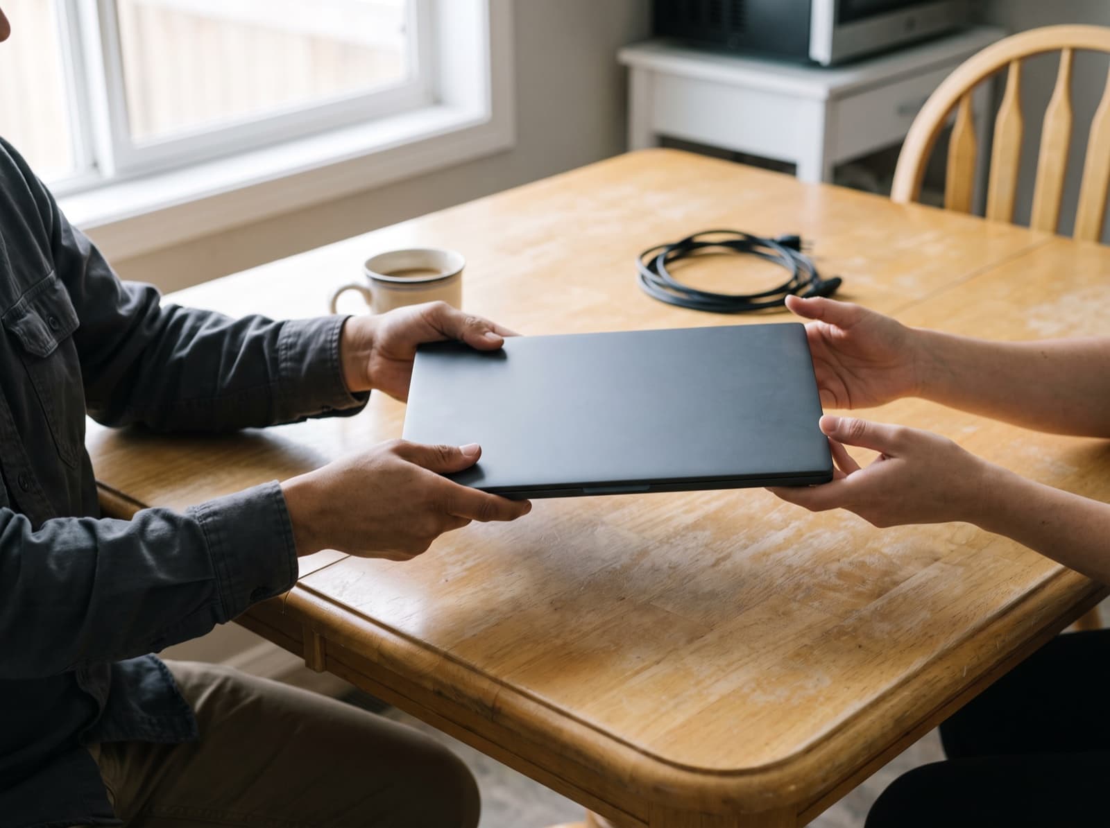 Technician handing a repaired laptop back across a kitchen table