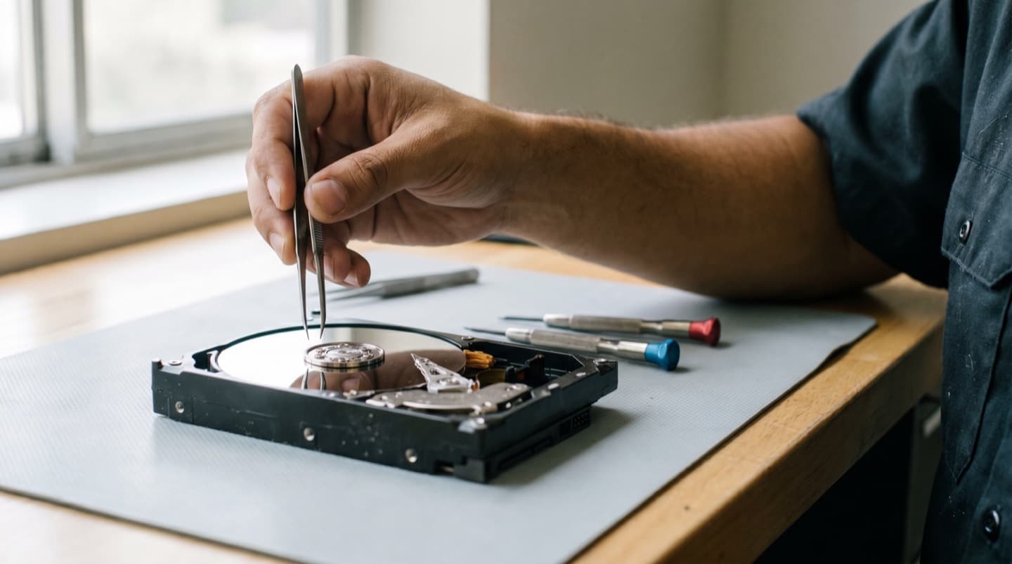 Opened hard drive connected to recovery equipment on the workbench