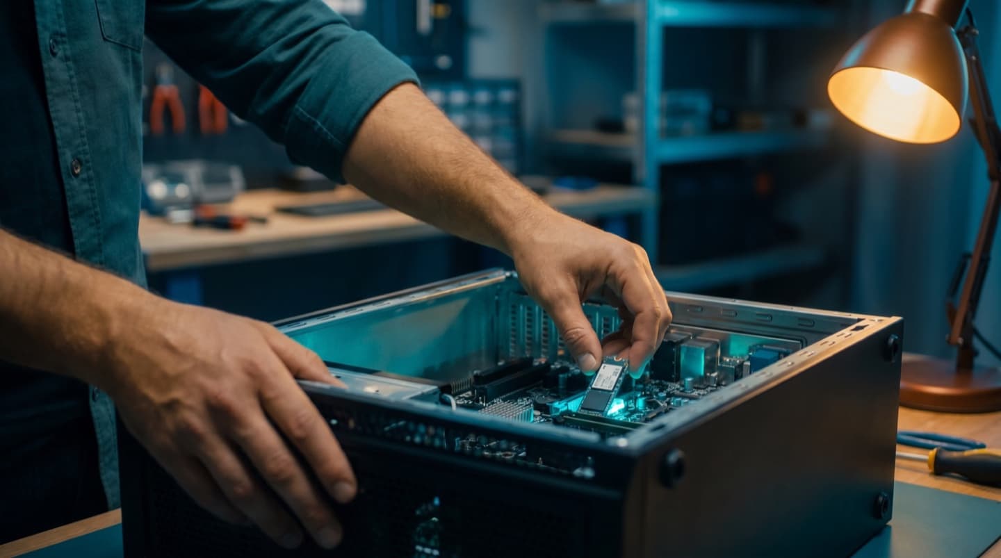 Technician installing an SSD into an open desktop PC tower