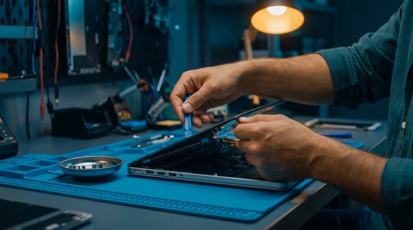 Laptop screen being replaced on the repair bench