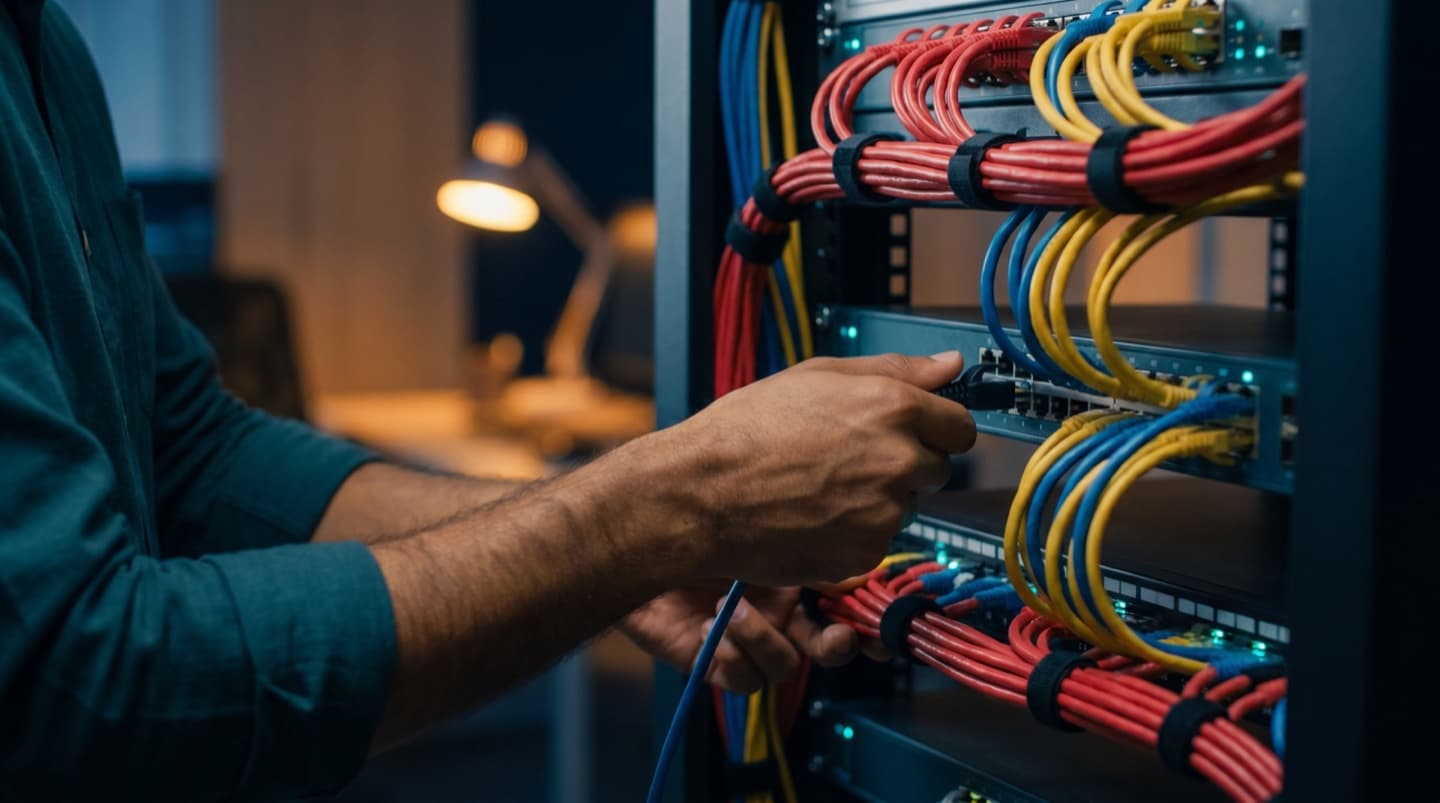 Technician connecting network cables in a tidy small-office rack