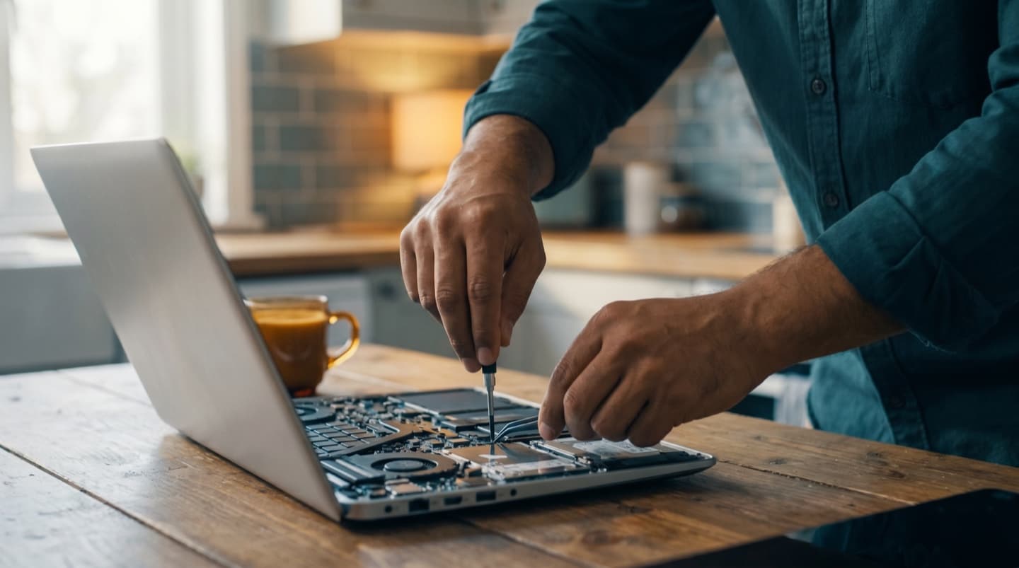 Technician repairing a laptop at a customer's kitchen table