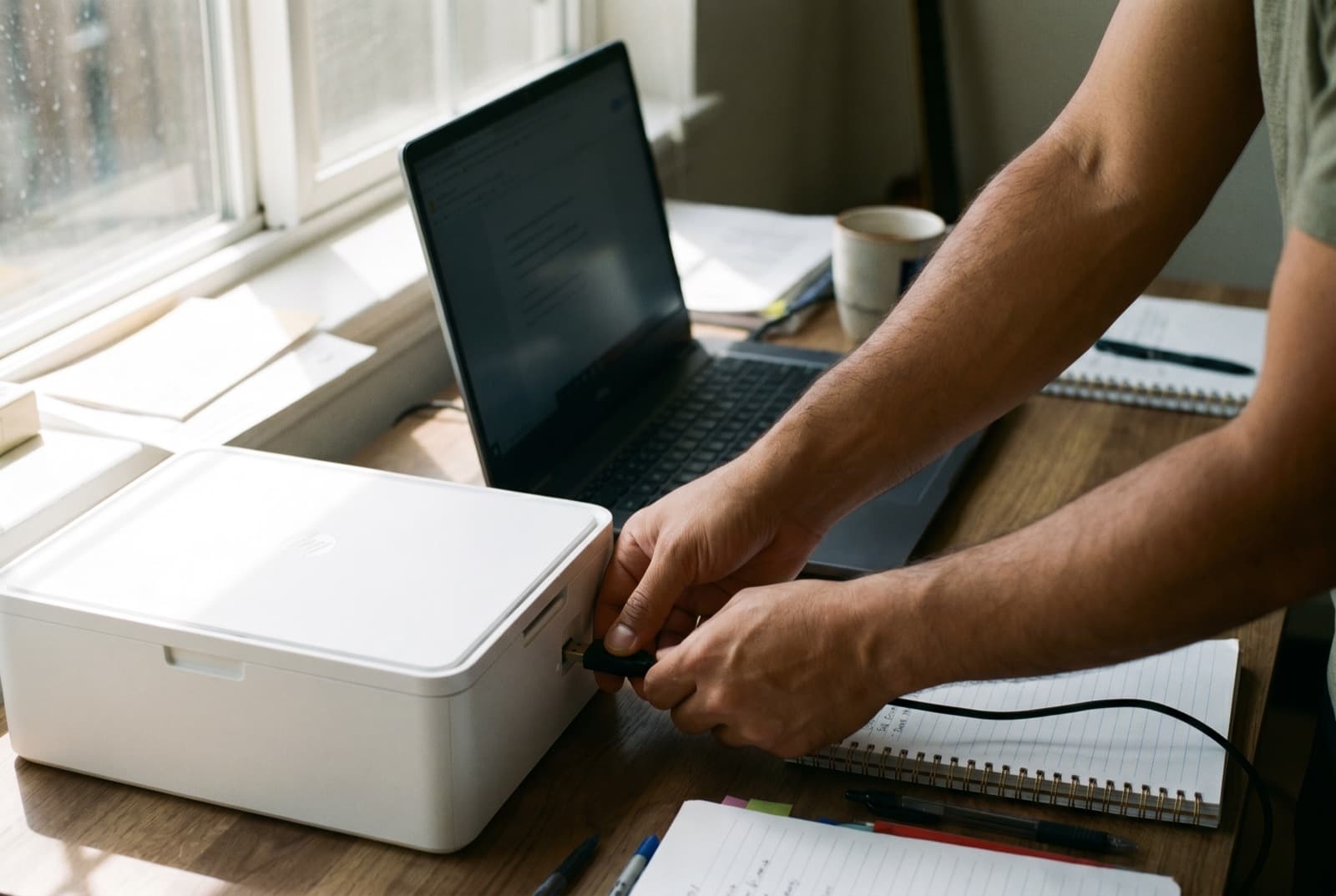 Technician connecting a home printer to a laptop on a tidy desk