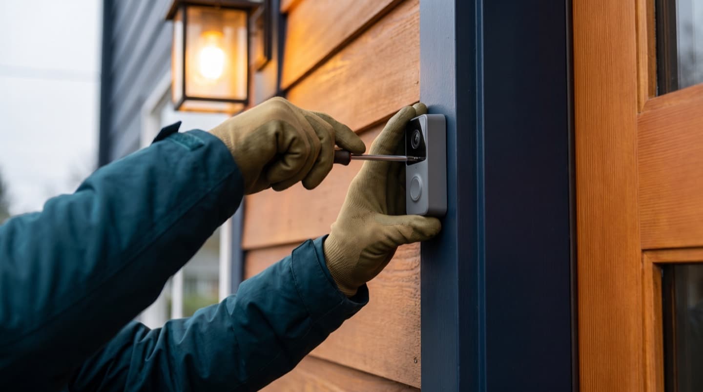 Technician mounting a video doorbell beside a front door