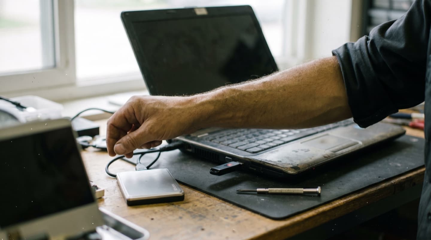 Laptop on a tidy desk showing a passing security scan with a teal shield icon