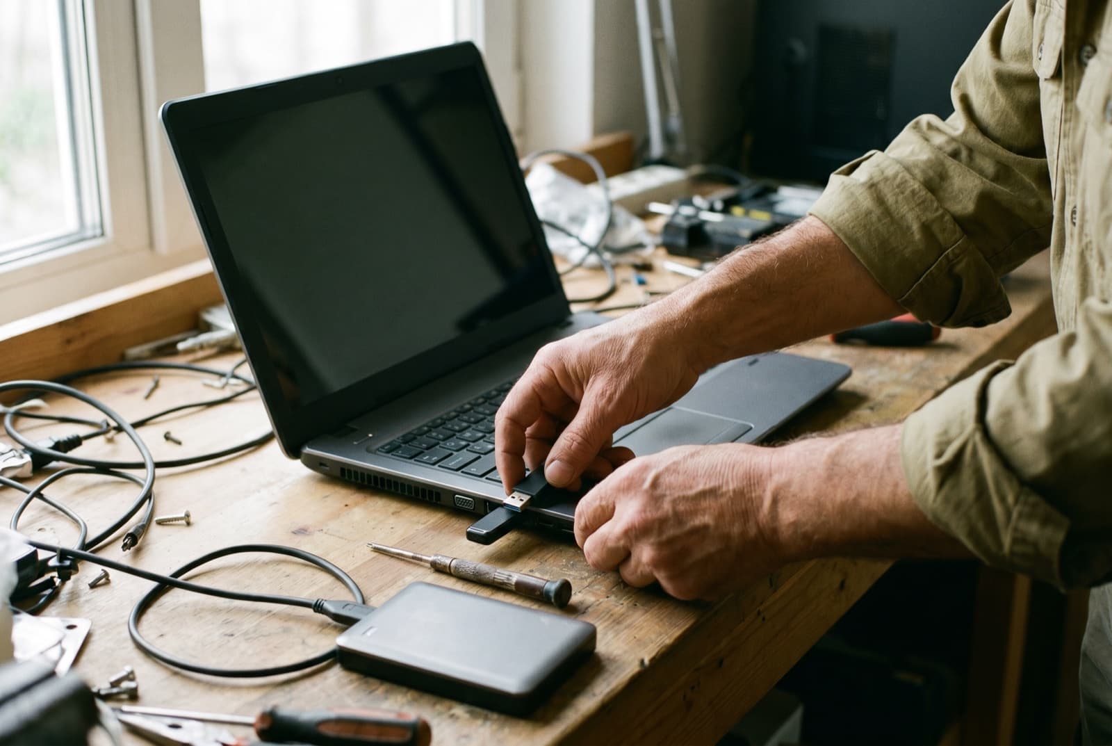 Laptop on the workbench being prepared for a Windows 11 upgrade, install drive plugged in